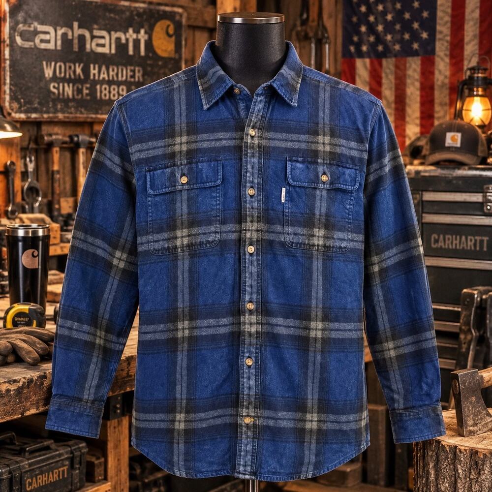 Carhartt Original Fit Flannel Shirt Mens L Blue Black Plaid Workwear Button Up